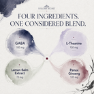 A branded ingredient graphic for Stellar Secret RELAXING reading 'FOUR INGREDIENTS. ONE CONSIDERED BLEND.