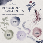 A botanical and wellness-themed graphic with the text 'STELLAR SECRET RELAXING BOTANICALS + AMINO ACIDS' and ingredient labels 'GABA', 'Lemon Balm', 'L-Theanine', and 'Panax Ginseng' arranged around watercolor circles on a textured off-white background.